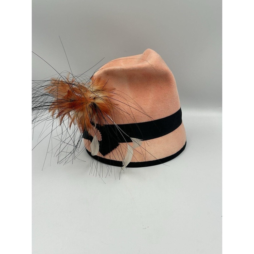 Vintage Magar Batworks Handmade Pink Felt Cloche Hat Black Band Feather Accent